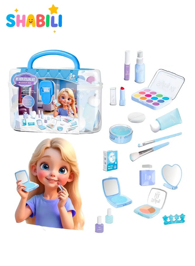 SHABILI 17 Pieces Pretend Makeup Kit Toy for Girls Age 3+, Simulation Cosmetic Play Set with Carrying Case for Imaginative Role Play and Hand Eye Coordination at Home or Party, Safe ABS Plastic Material, Not Real Makeup (Blue) - Image 1